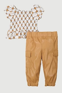 Baby Girls 12-24M Bear Graphic Peplum Top and Faux Leather Joggers, Brown, Size 24M