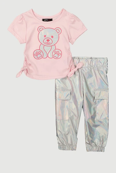 Baby Girls 12-24M Iridescent Bear Graphic Tee and Cargo Joggers