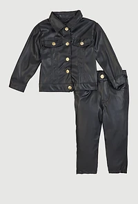 Baby Girls 12-24M Faux Leather Button Front Shirt and Pants, Black,
