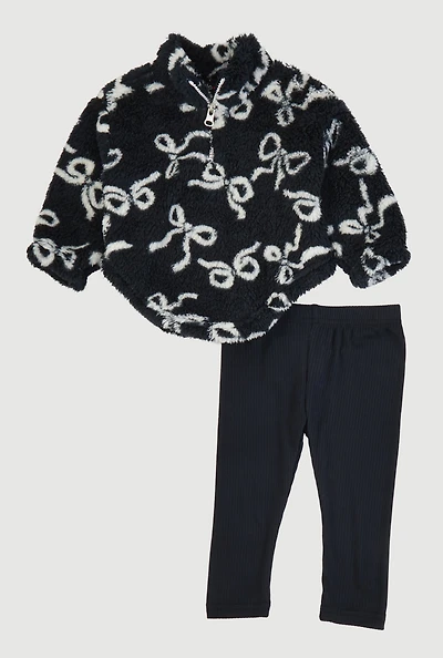 Baby Girls 12-24M Bow Print Sherpa Jacket and Leggings, Black, Size 24M