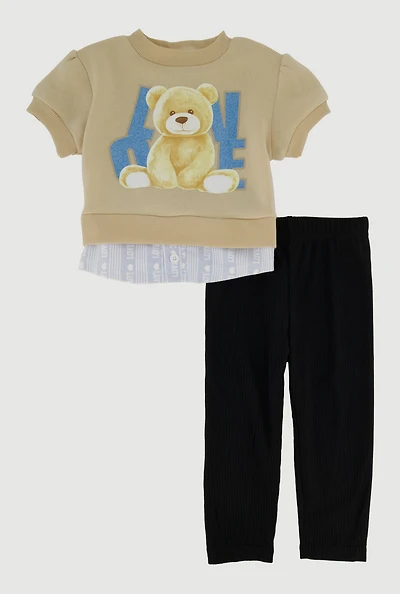 Baby Girls 12-24M Love Bear Graphic Layered Look Sweatshirt and Pants, Multi, Size 24M