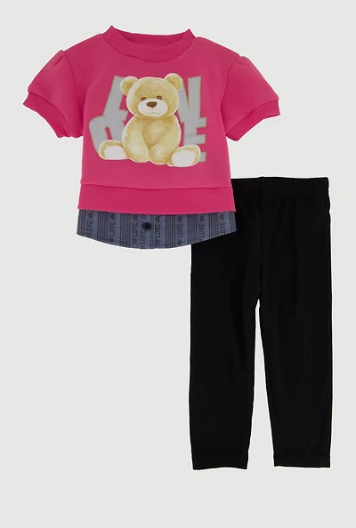 Baby Girls 12-24M Love Bear Graphic Layered Look Sweatshirt and Pants, Black, Size 18M