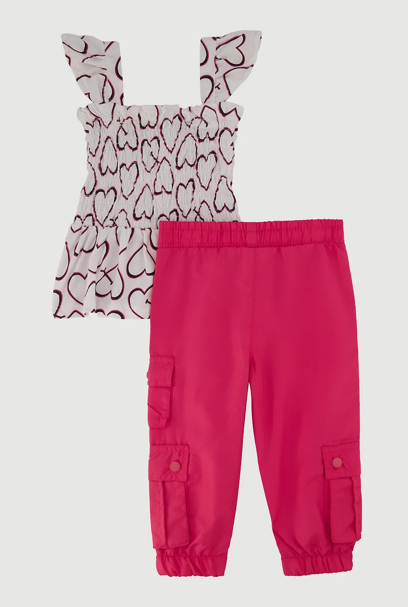 Baby Girls 12-24M Heart Print Top and Parachute Joggers, Pink, Size 12M