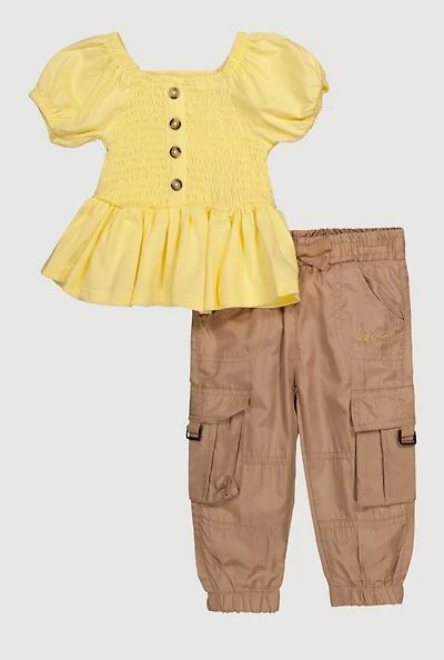 Baby Girls 12-24M Puff Sleeve Peplum Top and Cargo Joggers, Multi, Size 18M