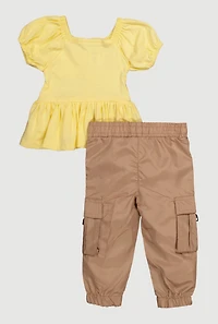 Baby Girls 12-24M Puff Sleeve Peplum Top and Cargo Joggers, Multi, Size 18M