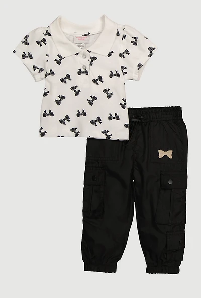 Baby Girls 12-24M Bow Print Polo Shirt and Utility Joggers, Multi, Size 18M