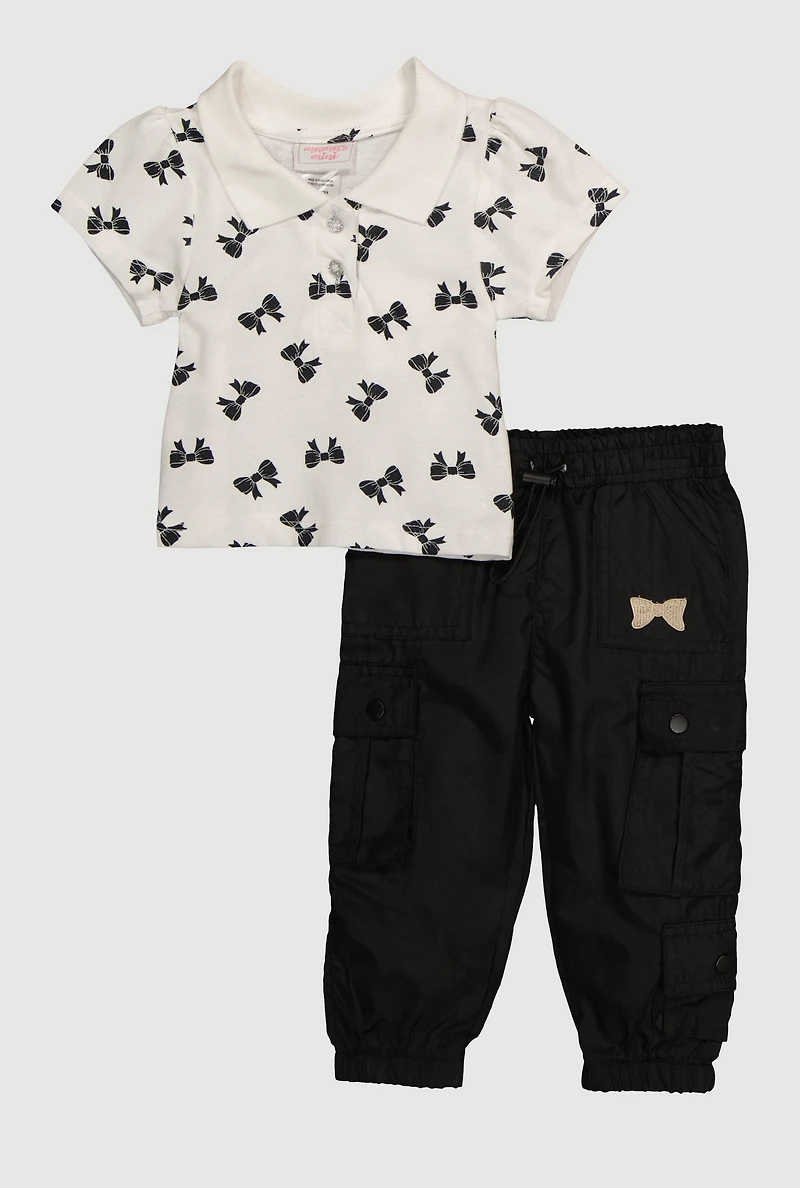 Baby Girls 12-24M Bow Print Polo Shirt and Utility Joggers, Multi, Size 24M