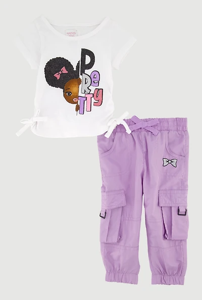 Baby Girls 12-24M Glitter Pretty Graphic Tee and Cargo Joggers, Purple, Size 12M