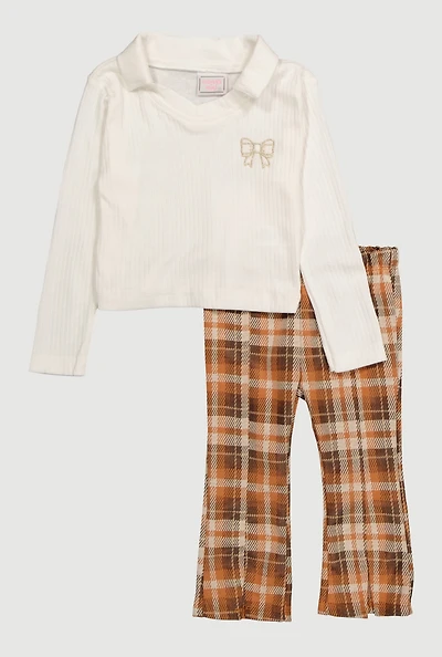 Baby Girls 12-24M Bow Embroidered Polo Top and Plaid Pants, Brown, Size 18M