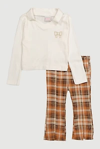 Baby Girls 12-24M Bow Embroidered Polo Top and Plaid Pants, Brown, Size 18M
