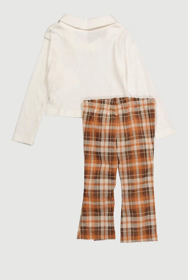 Baby Girls 12-24M Bow Embroidered Polo Top and Plaid Pants, Brown, Size 18M