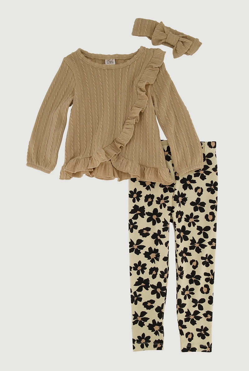 Baby Girls 12-24M Textured Knit Ruffle Top and Leggings with Headband, Beige,