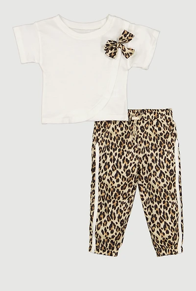Baby Girls 12M-24M Bow Detail Short Sleeve Tee and Animal Print Joggers