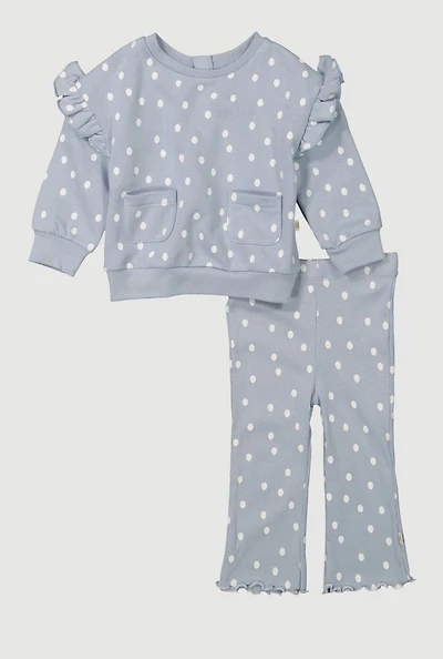 Baby Girls 12-24M Polka Dot Fleece Pullover Sweatshirt and Pants, Blue, Size 24M