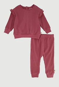 Womens Baby Girls 12-24M Waffle Knit Ruffle Detail Thermal Tee and Pants, Burgundy, Size 18M