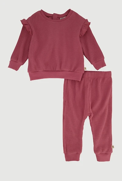 Womens Baby Girls 12-24M Waffle Knit Ruffle Detail Thermal Tee and Pants, Burgundy, Size 24M