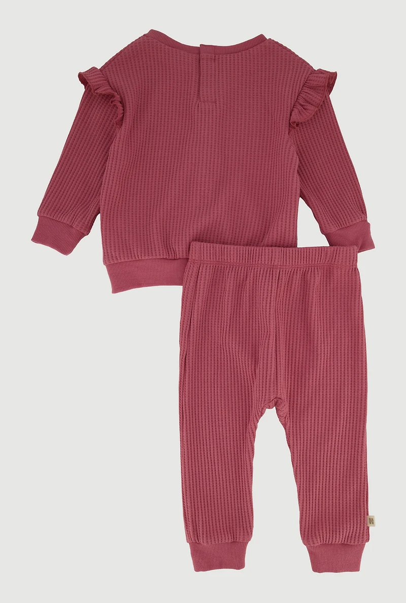 Womens Baby Girls 12-24M Waffle Knit Ruffle Detail Thermal Tee and Pants, Burgundy, Size 18M