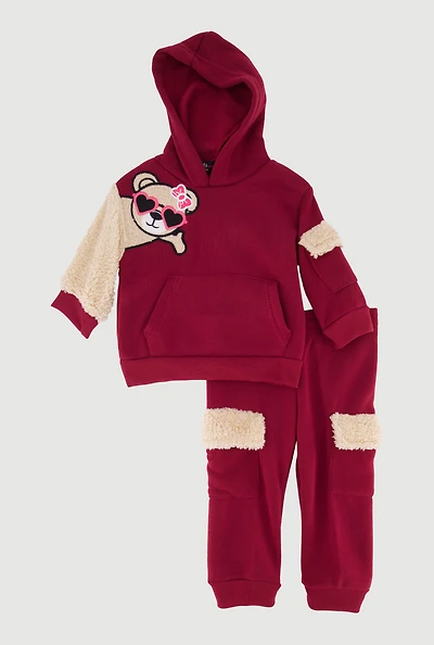 Baby Girls 12-24M Color Block Chenille Patch Graphic Hoodie and Joggers, Burgundy, Size 18M