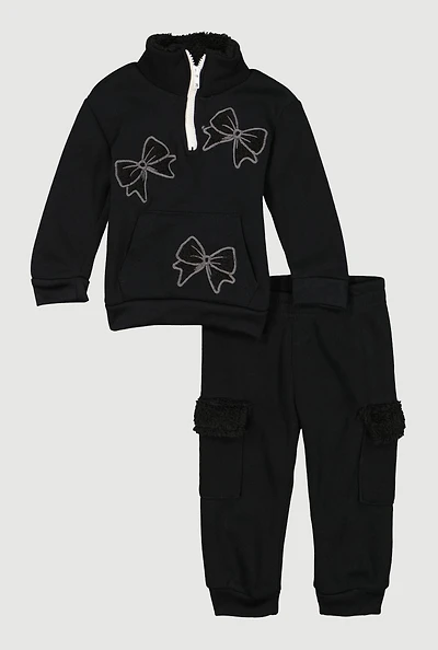 Baby Girls 12-24M Bow Patch Graphic Sweatshirt and Cargo Joggers, Black, Size 12M