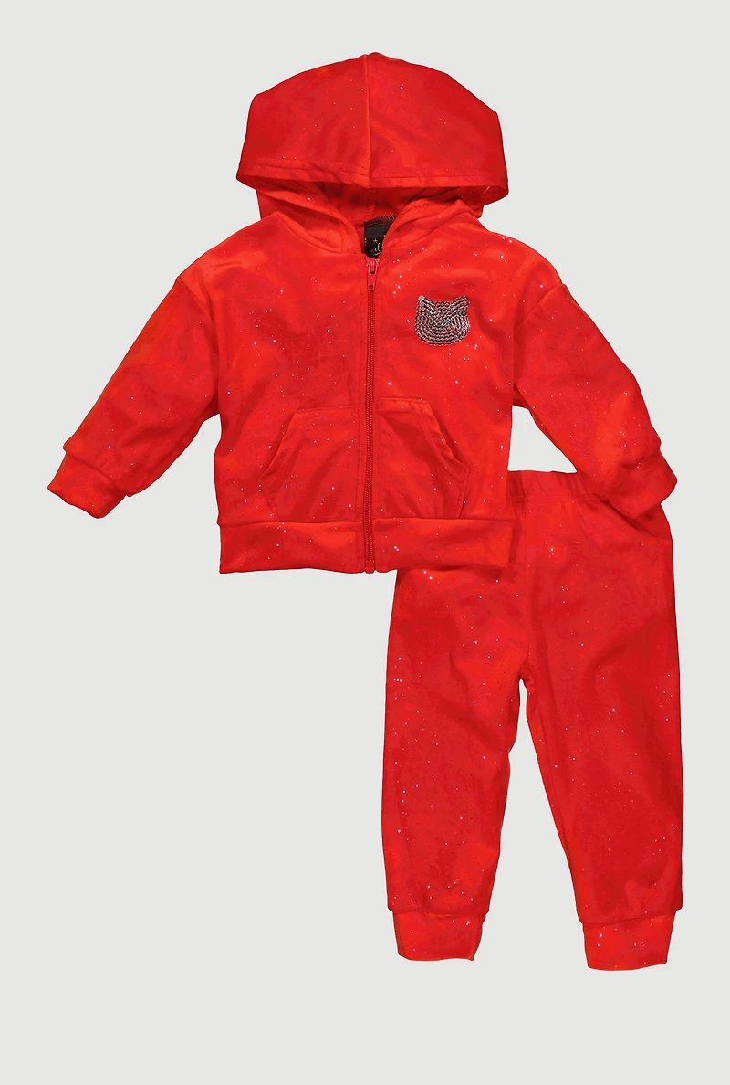 Baby Girls 12-24M Cat Sequin Velour Hoodie and Joggers, Red,