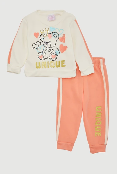 Baby Girls 12-24M Fleece Lined Unique Graphic Sweatshirt and Joggers,