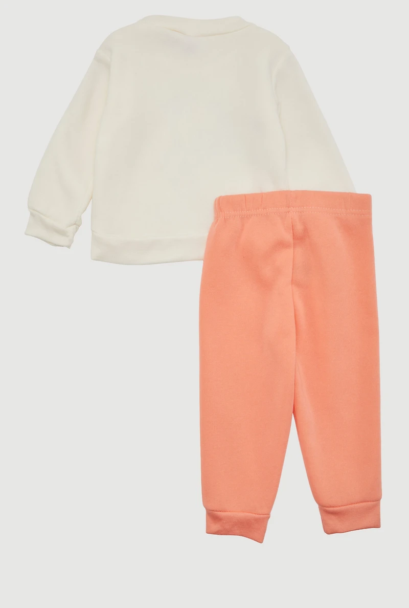 Baby Girls 12-24M Fleece Lined Unique Graphic Sweatshirt and Joggers, Orange, Size 18M