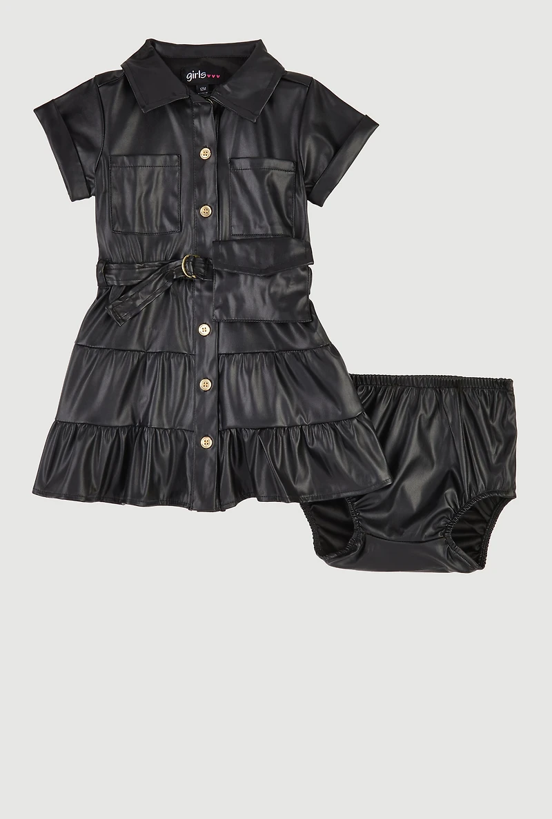 Baby Girls 12-24M Faux Leather Tiered Shirt Dress with Bubble Shorts,