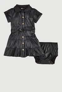 Baby Girls 12-24M Faux Leather Tiered Shirt Dress with Bubble Shorts,