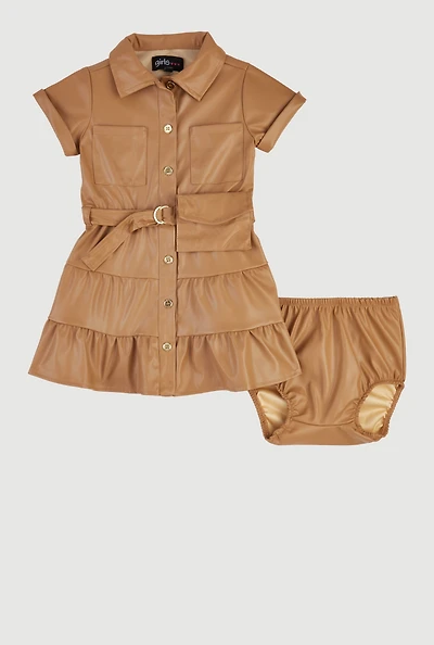 Baby Girls 12-24M Faux Leather Tiered Shirt Dress with Bubble Shorts,