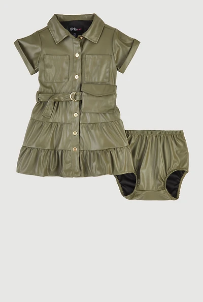Baby Girls 12-24M Faux Leather Tiered Shirt Dress with Bubble Shorts, Green, Size 12M