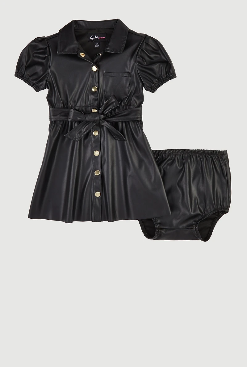 Baby Girls 12-24M Faux Leather Shirt Dress with Bubble Shorts,