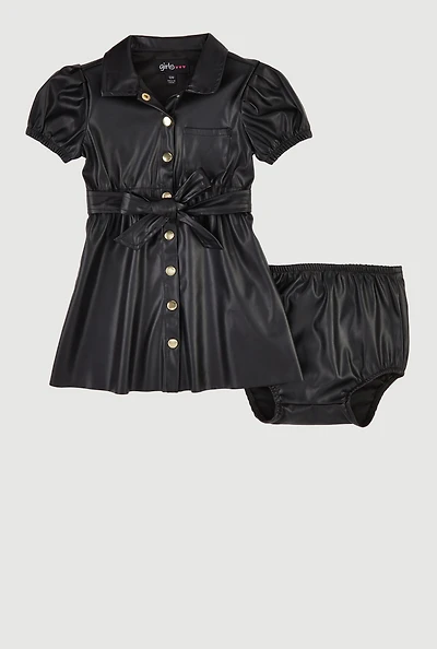 Baby Girls 12-24M Faux Leather Shirt Dress with Bubble Shorts, Black, Size 12M
