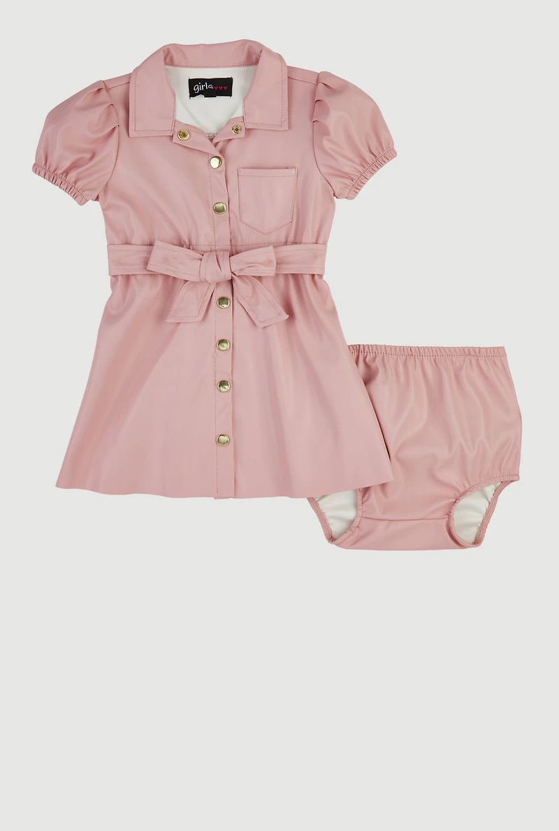 Baby Girls 12-24M Faux Leather Shirt Dress with Bubble Shorts, Pink,