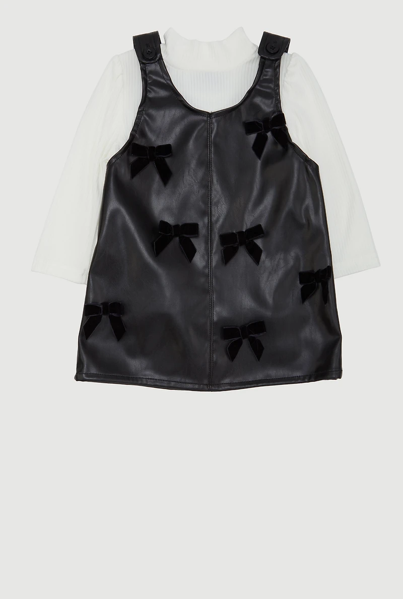 Baby Girls 12-24M Faux Leather Bow Detail Overall Dress with Top, Black,