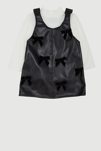 Baby Girls 12-24M Faux Leather Bow Detail Overall Dress with Top, Black,