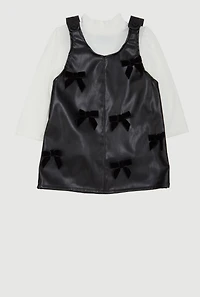 Baby Girls 12-24M Faux Leather Bow Detail Overall Dress with Top, Black,