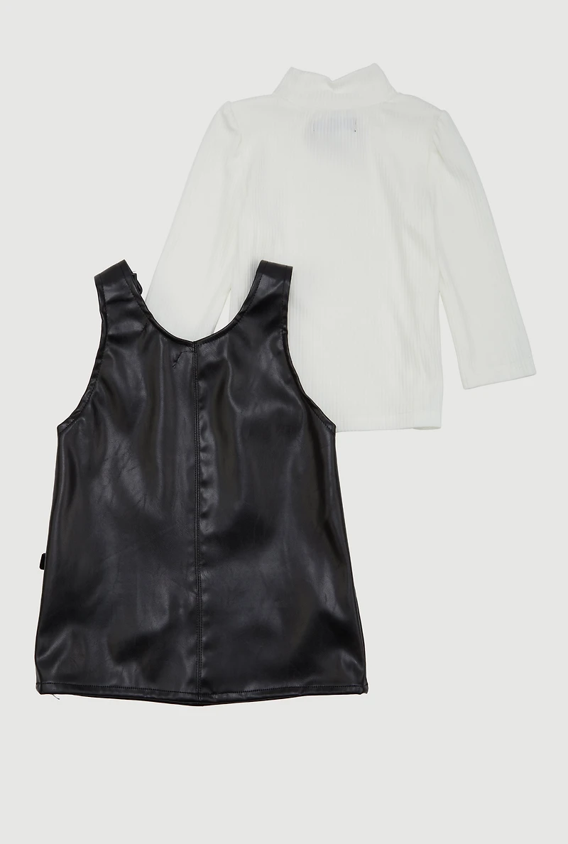Baby Girls 12-24M Faux Leather Bow Detail Overall Dress with Top, Black,