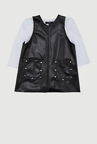 Baby Girls 12-24M V Neck Faux Leather Dress with Long Sleeve Top, Black, Size 18M