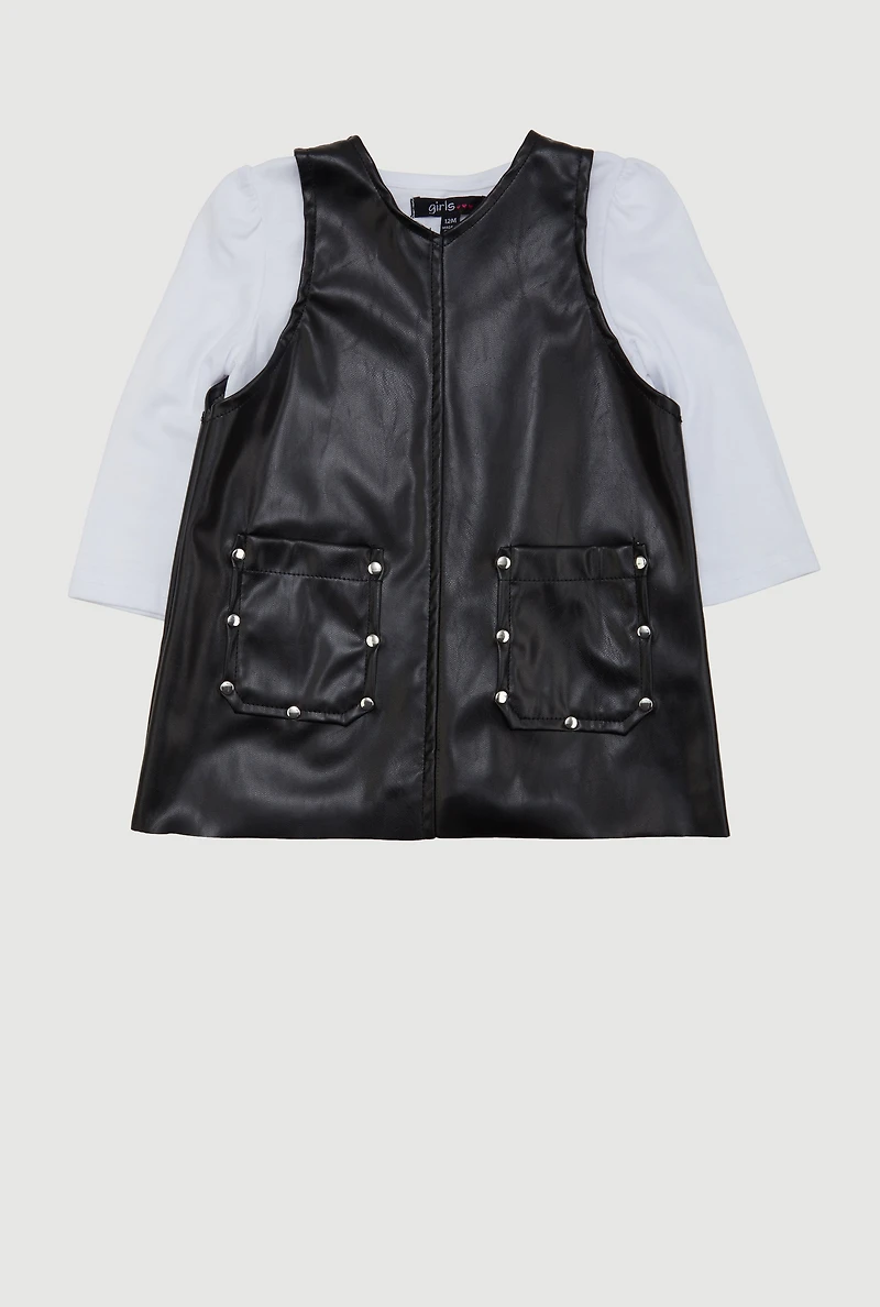 Baby Girls 12-24M V Neck Faux Leather Dress with Long Sleeve Top, Black, Size 24M