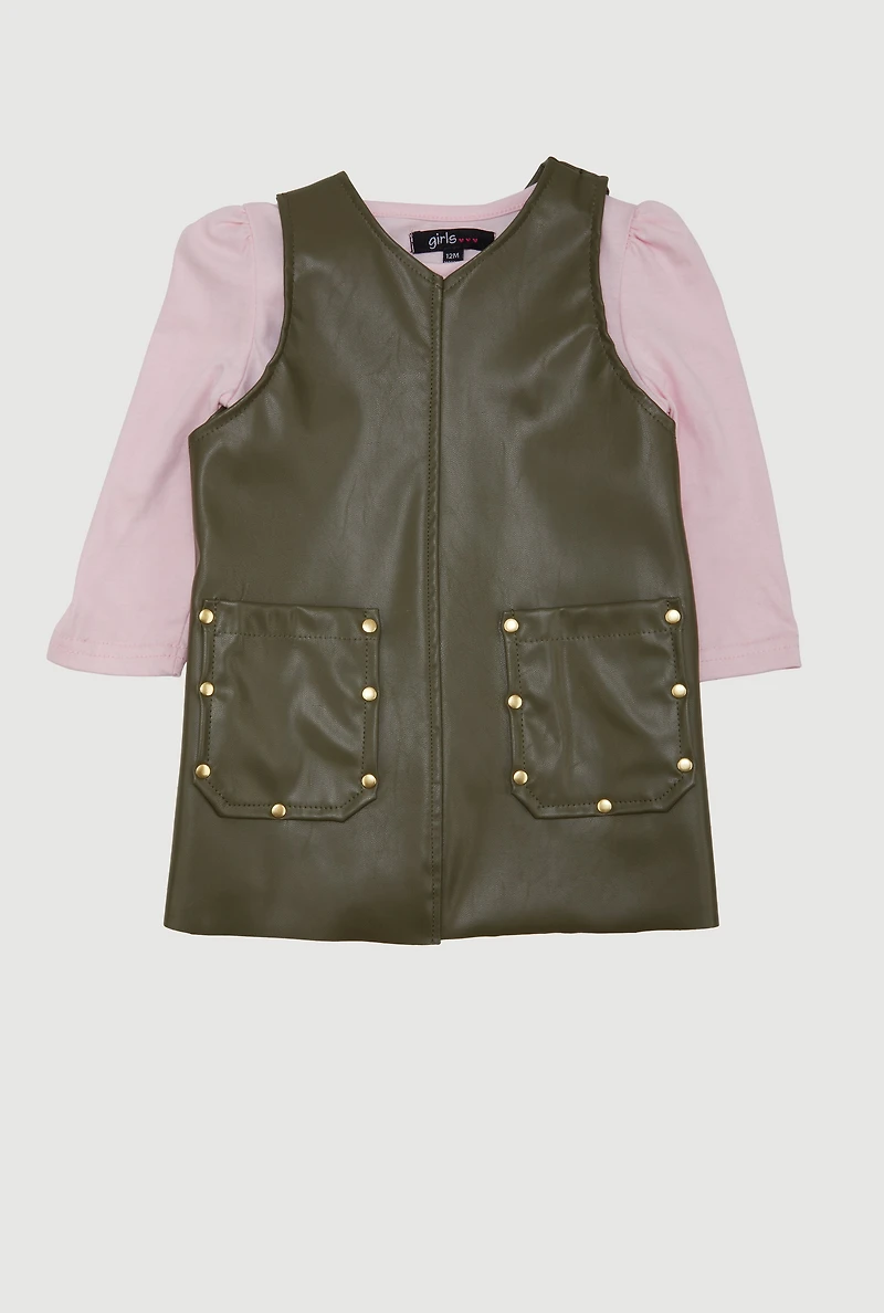 Baby Girls 12-24M V Neck Faux Leather Dress with Long Sleeve Top, Green, Size 12M