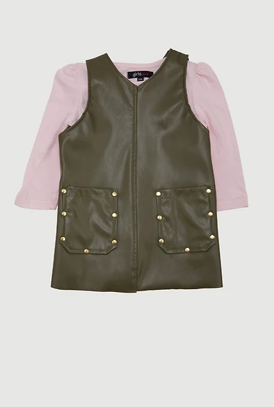 Baby Girls 12-24M V Neck Faux Leather Dress with Long Sleeve Top, Green, Size 12M