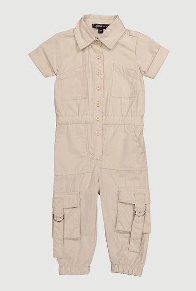 Baby Girls 12-24M Poplin Button Front Cargo Jumpsuit