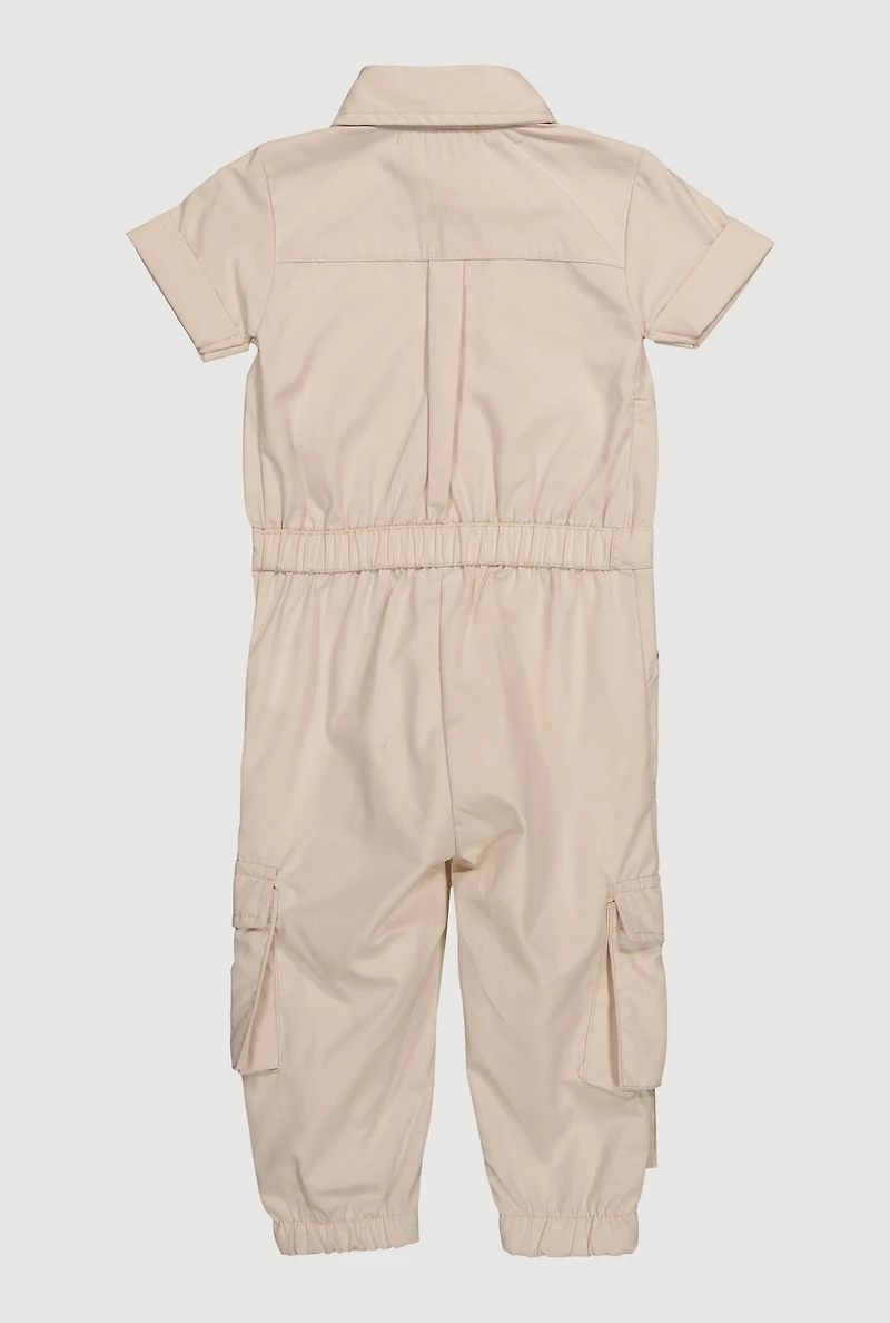 Baby Girls 12-24M Poplin Button Front Cargo Jumpsuit,