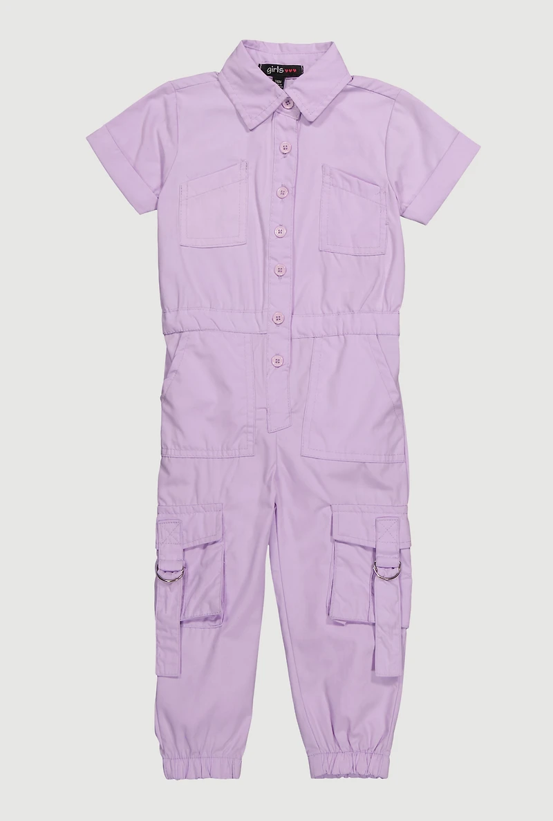 Baby Girls 12-24M Poplin Button Front Cargo Jumpsuit, Purple,
