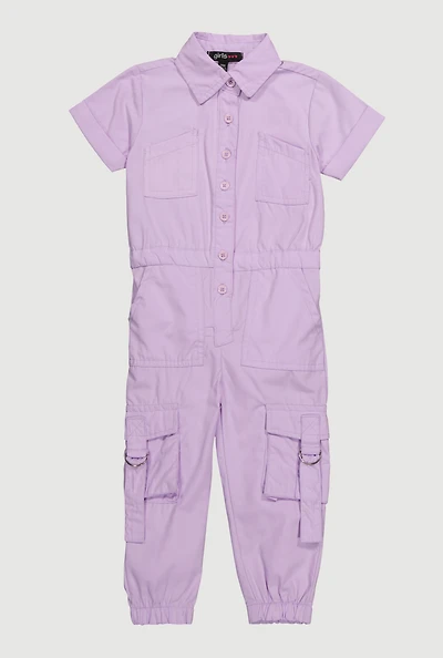 Baby Girls 12-24M Poplin Button Front Cargo Jumpsuit, Purple,