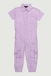 Baby Girls 12-24M Poplin Button Front Cargo Jumpsuit, Purple,