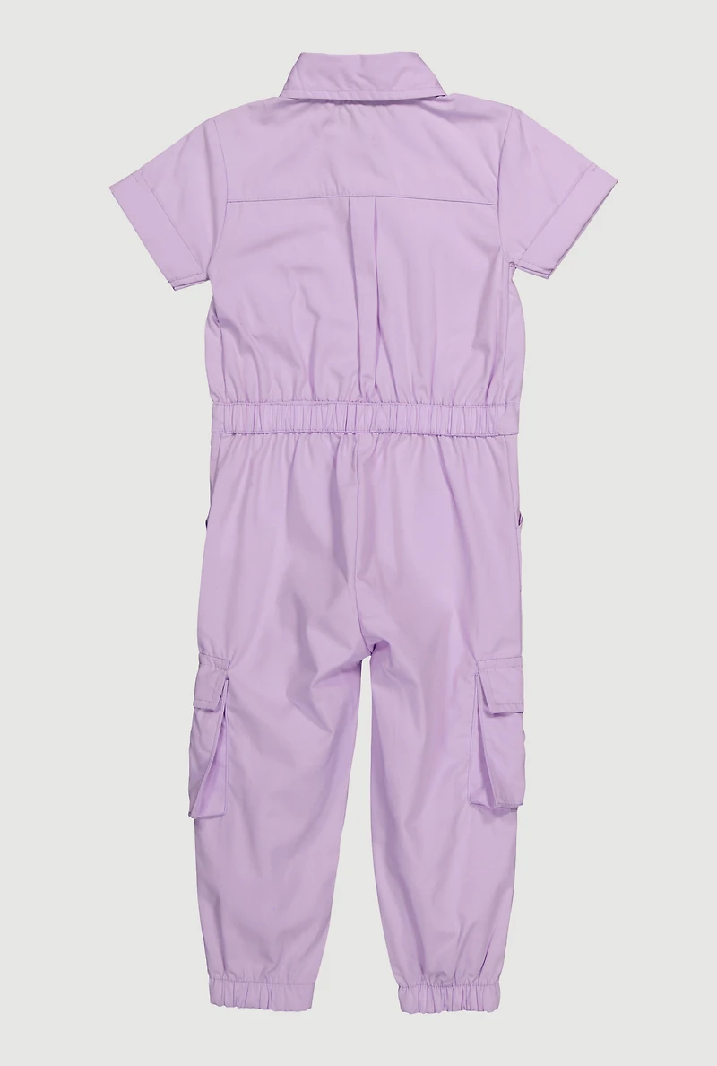 Baby Girls 12-24M Poplin Button Front Cargo Jumpsuit, Purple,
