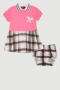 Baby Girls 12-24M Bow Glitter Pleated Plaid Polo Dress, Pink, Size 18M