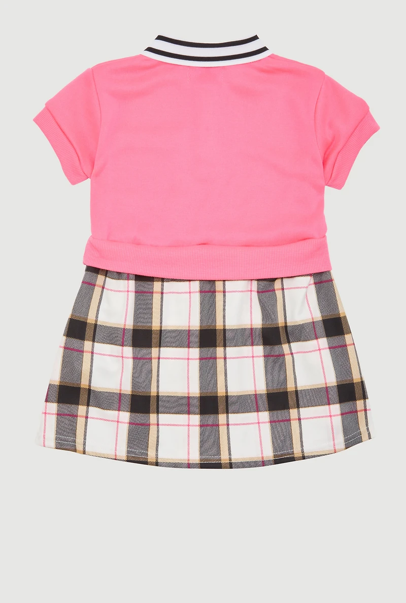 Baby Girls 12-24M Bow Glitter Pleated Plaid Polo Dress, Pink, Size 18M