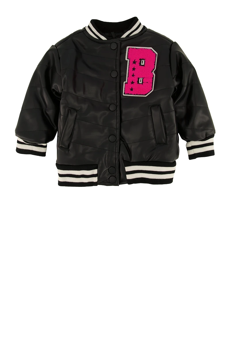 Baby Girls 12-24M B Initial Faux Leather Varsity Jacket, Black, Size 24M